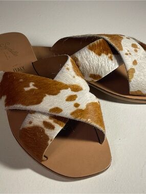 Seychelles Crossband Cowhide Slide Sandals — White & Brown